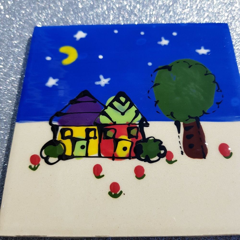 Robin Sterling Art Tile Ceramic Trivet Coaster 2 Houses Night Moon 4.25" RARE